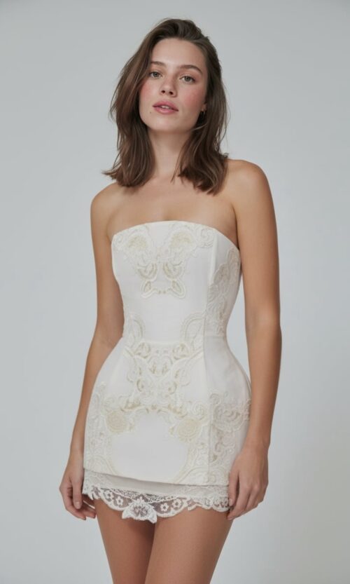 Strapless Embroidered Mini Bridal Dress