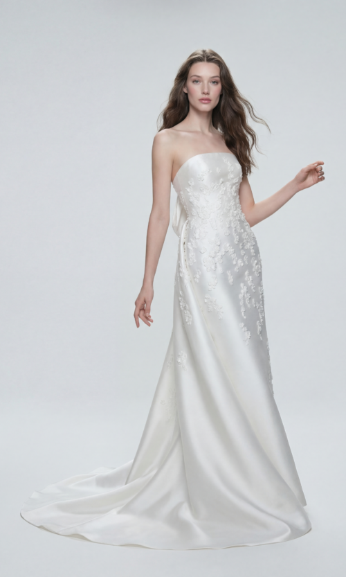 Strapless Satin Column Gown with Detachable Train Bridal Dress