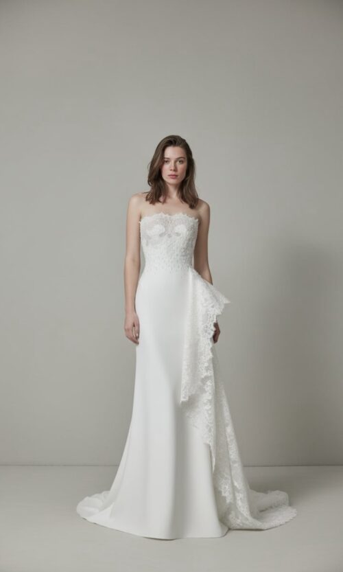Strapless Lace-Bodice Column Bridal Gown with Side Train