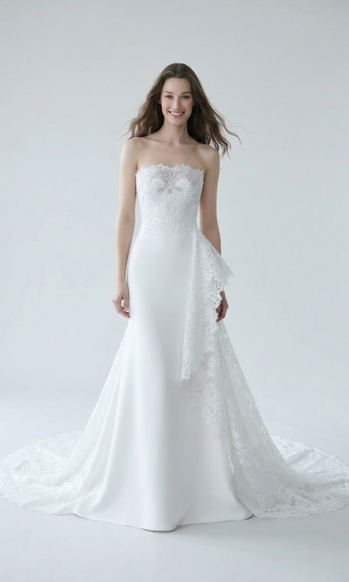 Strapless Lace-Bodice Column Bridal Gown with Side Train