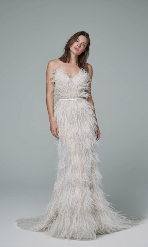 Feather-Embellished Strapless Couture Gown