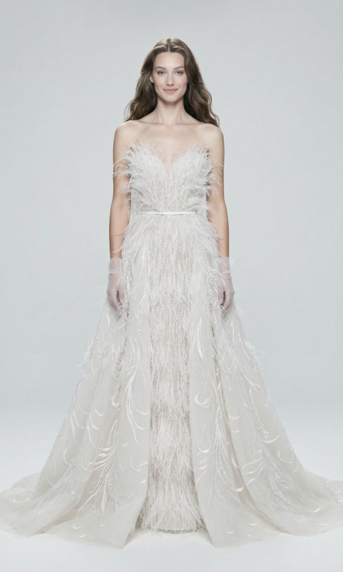Feather-Embellished Strapless Couture Gown
