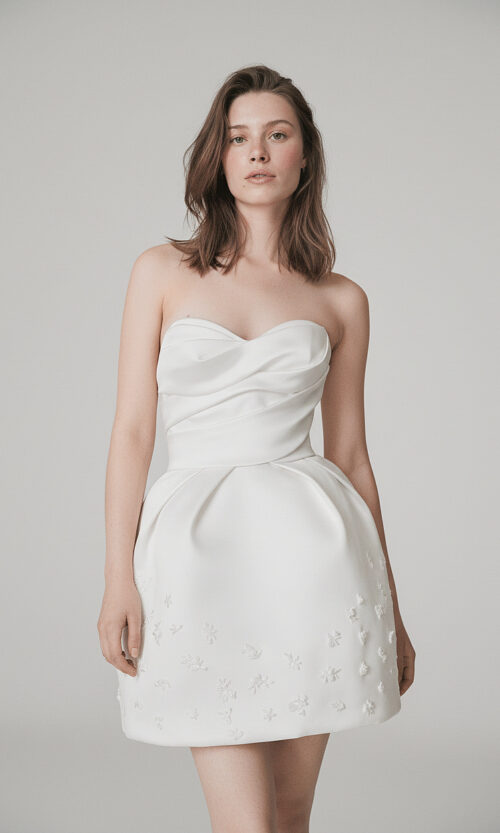 Sculpted Strapless Mini Flower Detailed Bridal Dress