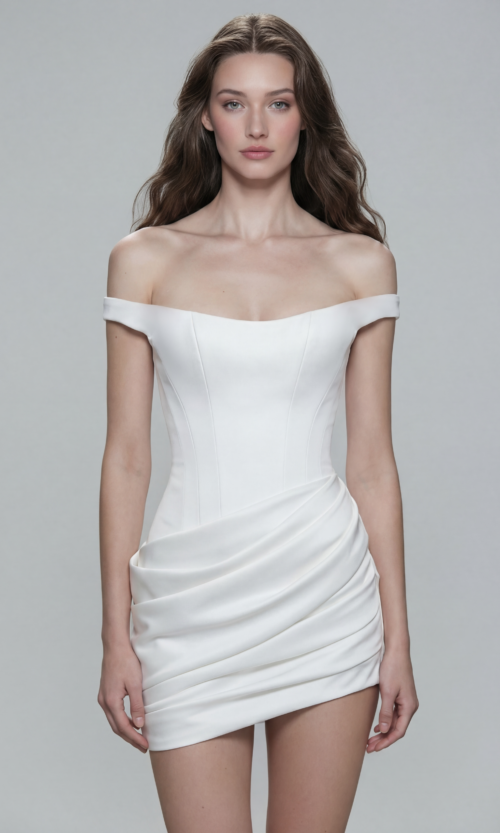 Off Shoulder Draped Mini Bridal Dress