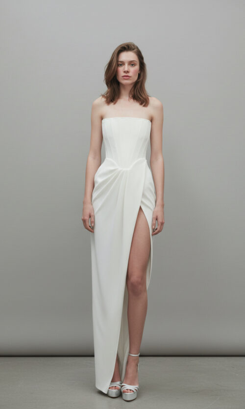 Strapless Draped Slit Bridal Dress