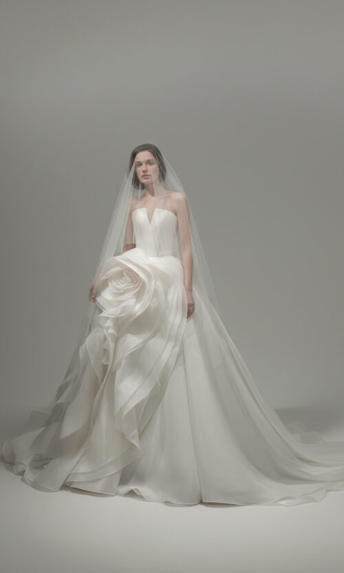 Strapless Sculptural Rose Ball Gown