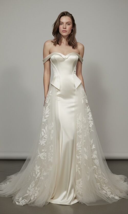 Off Shoulder Corset Gown with Embroidered Tulle Train