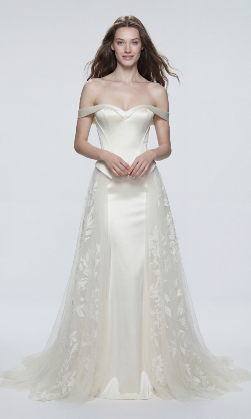 Off Shoulder Corset Gown with Embroidered Tulle Train