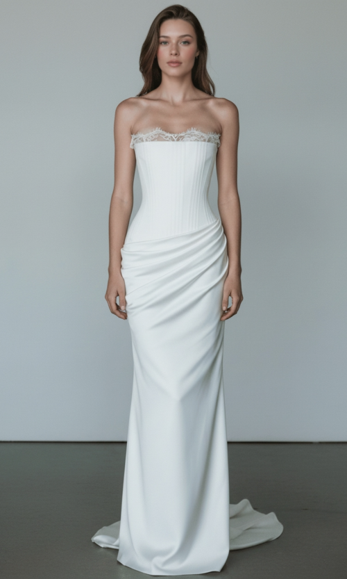 Lace Trimmed Strapless Corset Bridal Gown