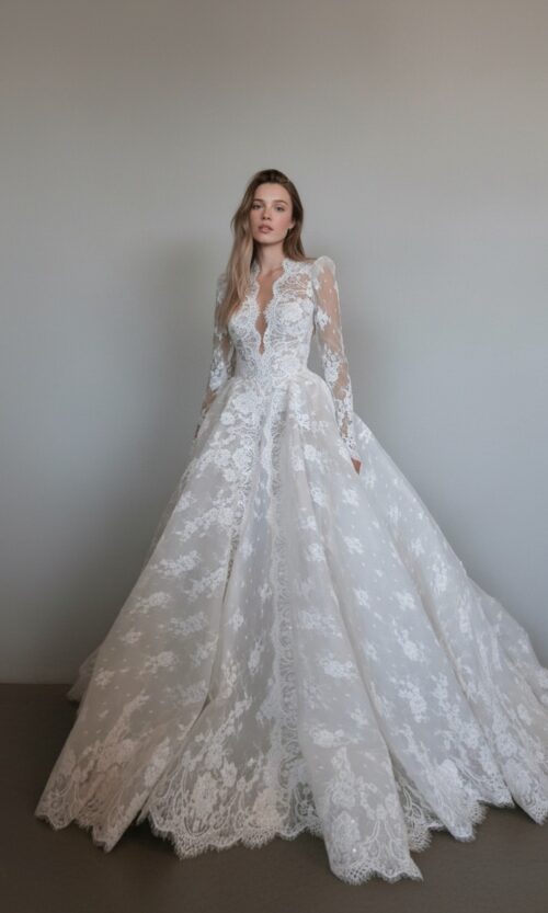Long Sleeve Deep V Lace Bridal Dress
