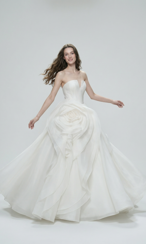 Strapless Sculptural Rose Ball Gown