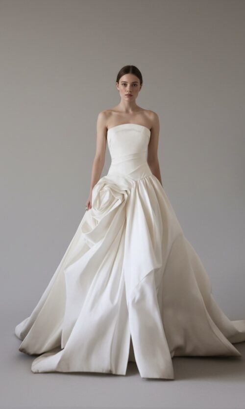 Strapless Sculpted Rose Detail Ball Gown