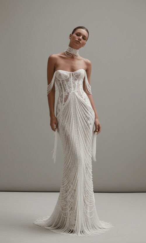 Pearl Draped Strapless Couture Gown