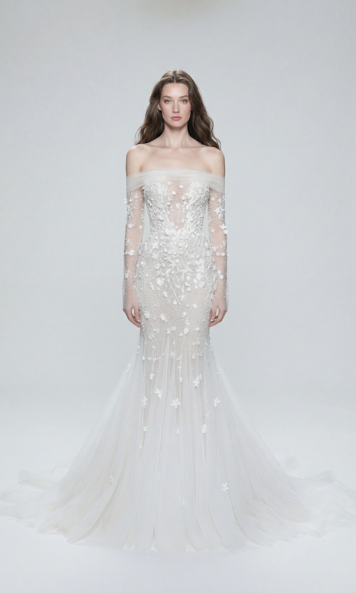 Off-Shoulder Illusion Floral Mermaid Bridal Gown