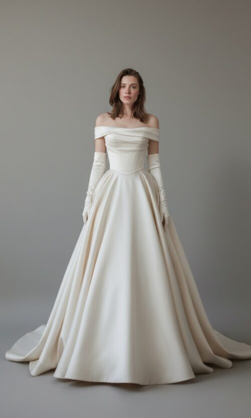 Off Shoulder Satin Ball Gown with Gloves