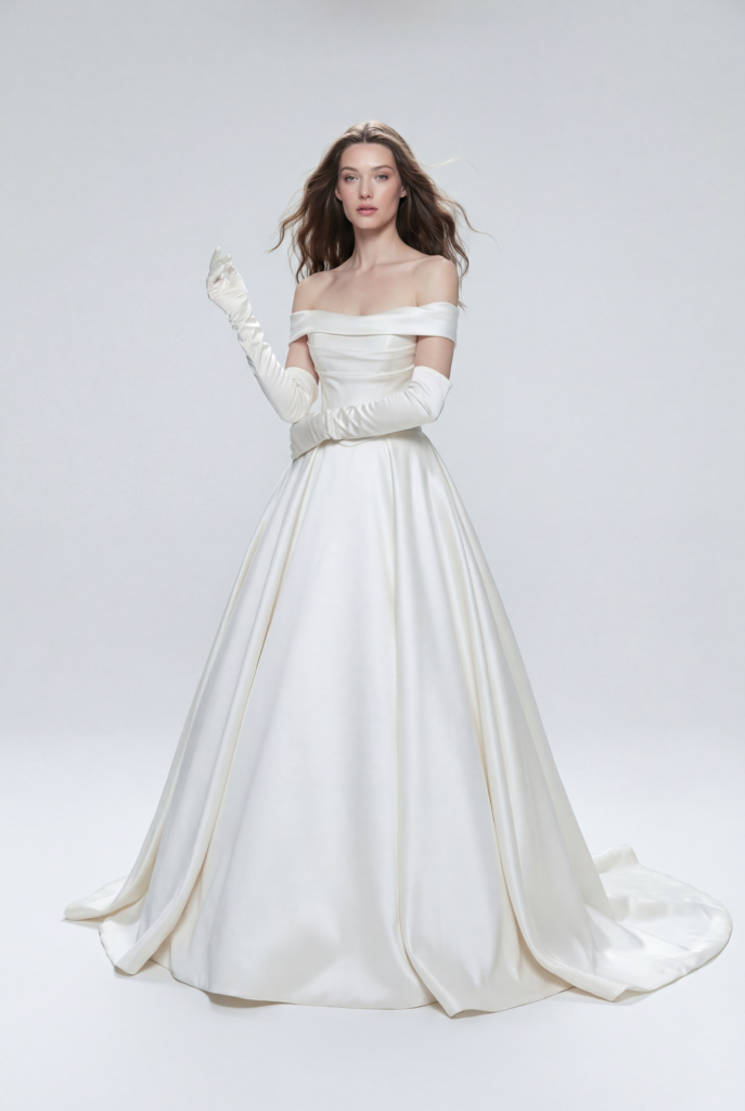 Off Shoulder Satin Ball Gown with Gloves | Nueve Bridal