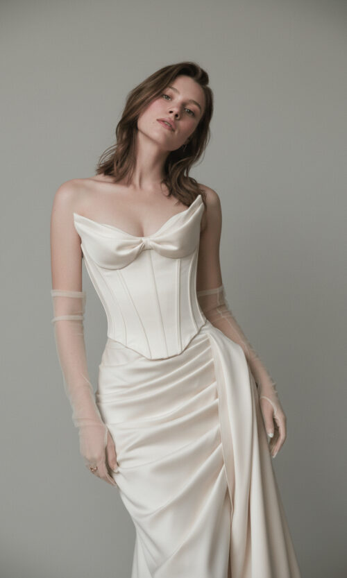 Draped Corset Satin Bridal Gown with Sheer Gloves