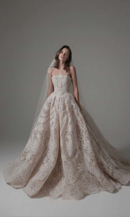 Strapless Lace Ball Gown with Corset Bodice