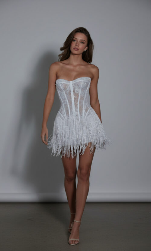 Strapless Crystal Fringe Mini Bridal Dress