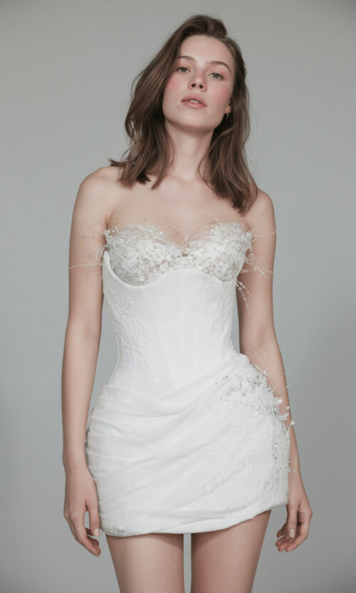 Embellished Corset Side Draped Mini Bridal Dress