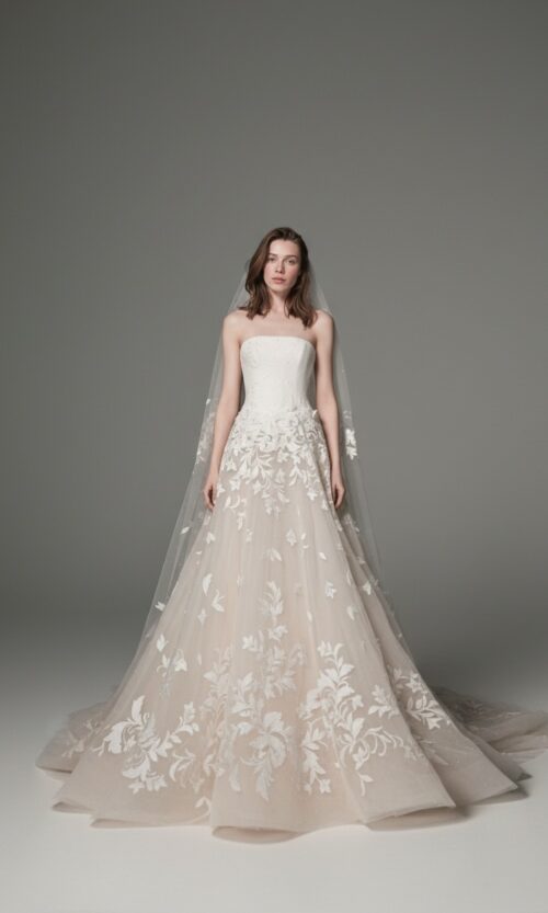 Embroidered Tulle Strapless ALine Gown