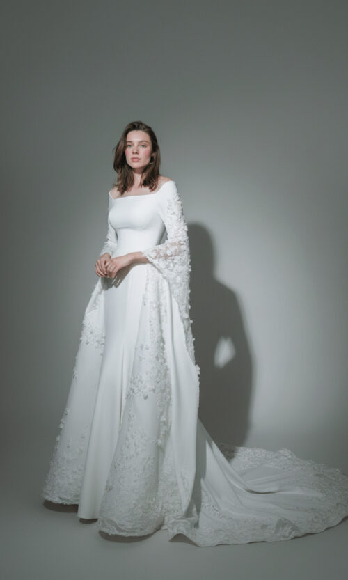 OffShoulder Couture Wedding Gown with Embroidered Cape Sleeves