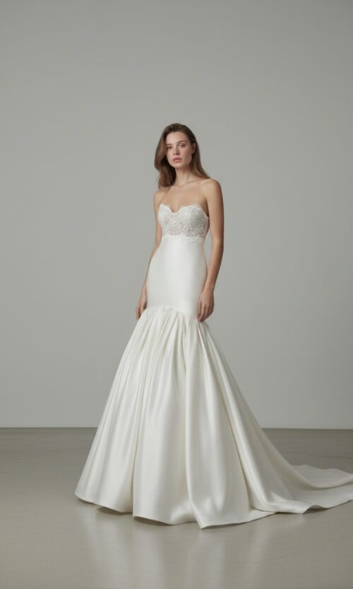 Strapless Lace Bodice Satin Mermaid Wedding Gown