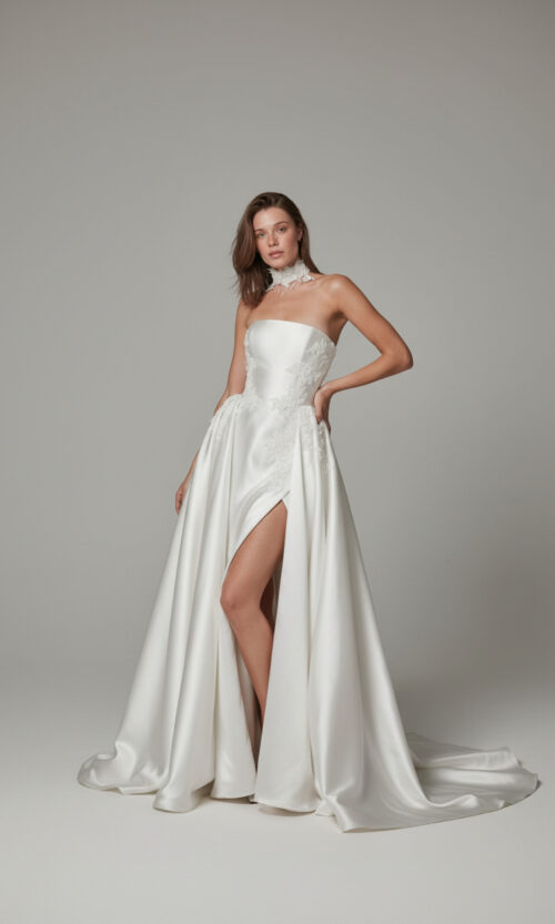 Strapless Satin High Slit Couture Wedding Gown