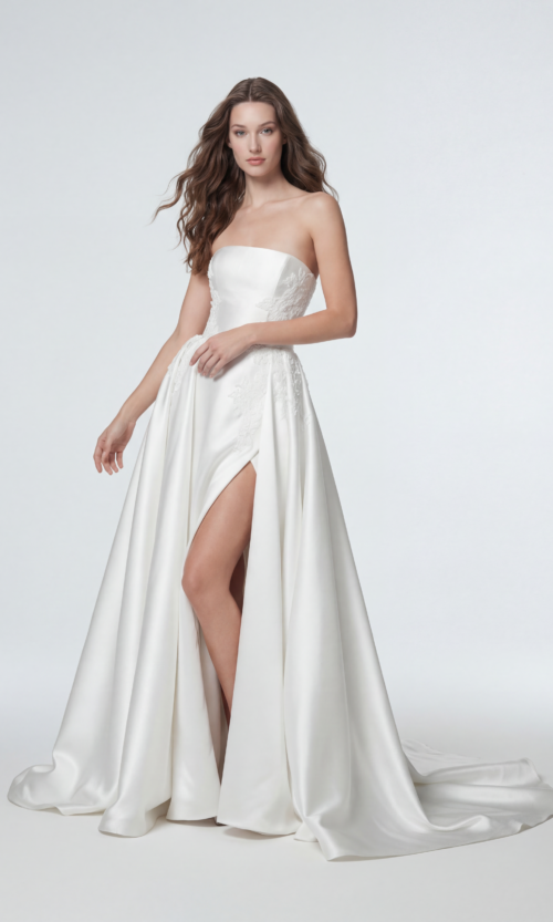 Strapless Satin High Slit Couture Wedding Gown