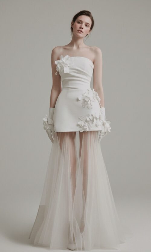 Strapless Floral Appliqué Sheer Tulle Bridal Gown
