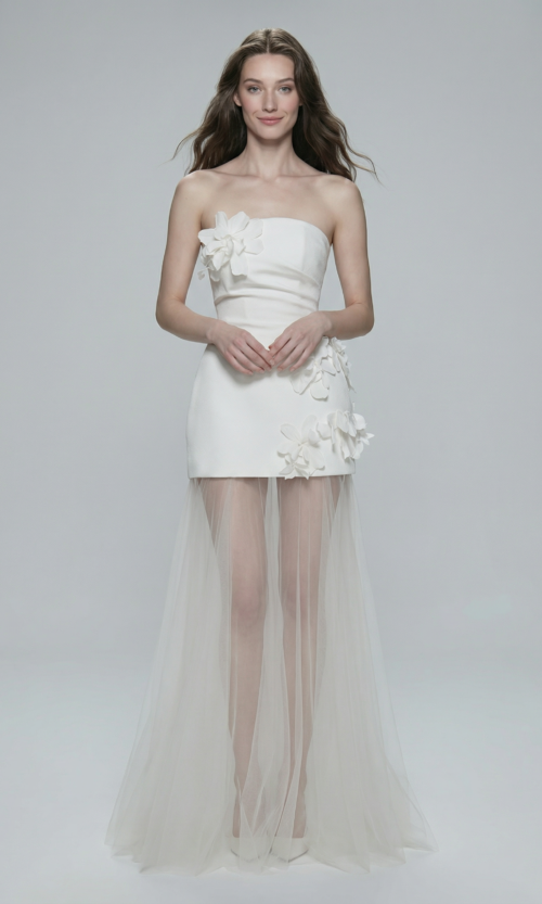 Strapless Floral Appliqué Sheer Tulle Bridal Gown