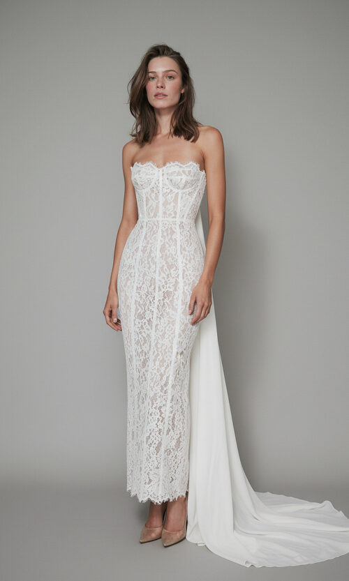 Sheer Lace Corset Column Wedding Dress with Train