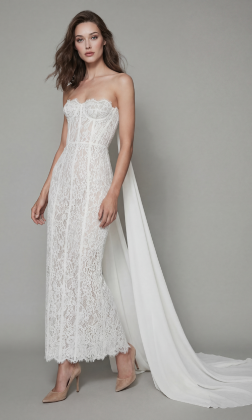 Sheer Lace Corset Column Wedding Dress with Train