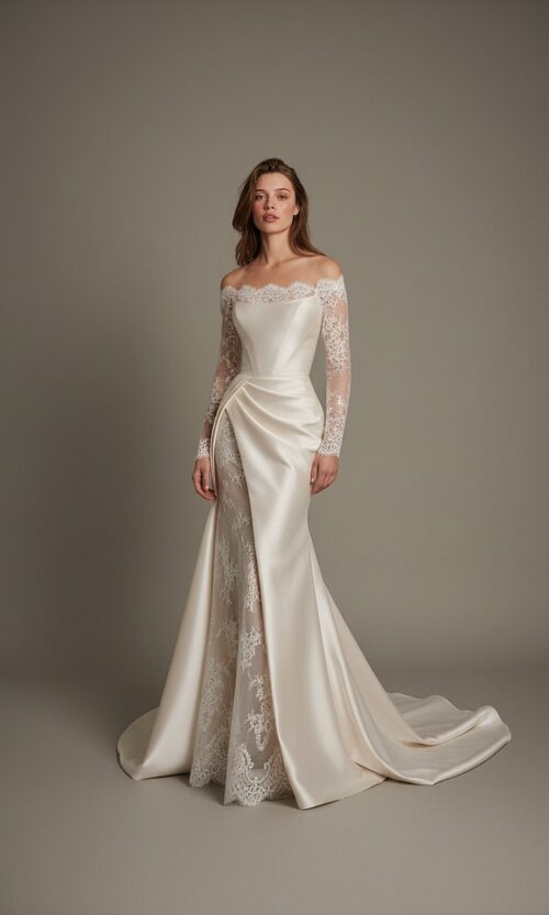 Off Shoulder Satin & Lace Couture Wedding Gown