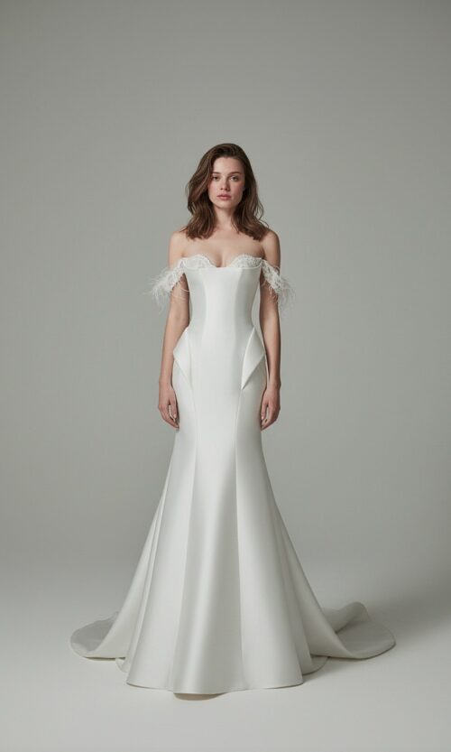 FeatherDetail Off Shoulder Structured Bridal Gown