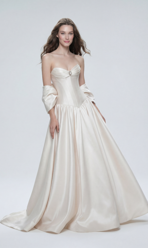 Champagne Satin Corset Ballgown with Detachable Sleeves