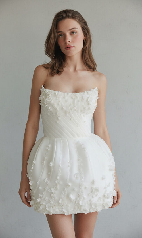 Structured Floral Appliqué Strapless Mini Bridal Dress