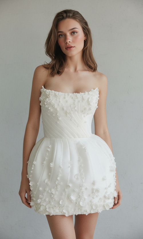 Structured Floral Appliqué Strapless Mini Bridal Dress