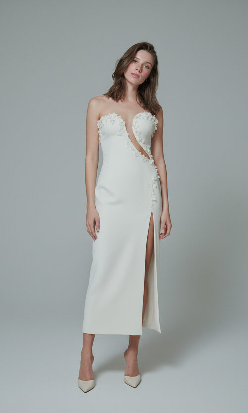 Asymmetric Floral Appliqué Strapless Midi Bridal Dress