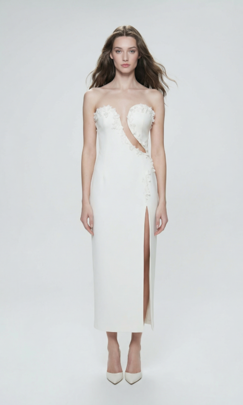 Asymmetric Floral Appliqué Strapless Midi Bridal Dress