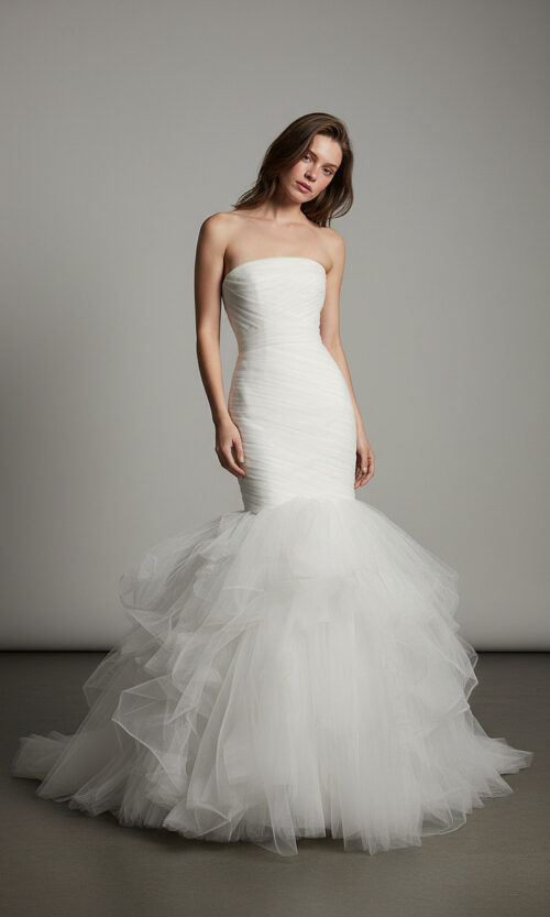 Strapless Ruched Mermaid Gown with Voluminous Tulle Skirt