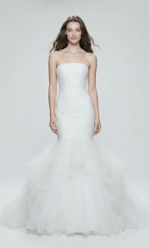 Strapless Ruched Mermaid Gown with Voluminous Tulle Skirt