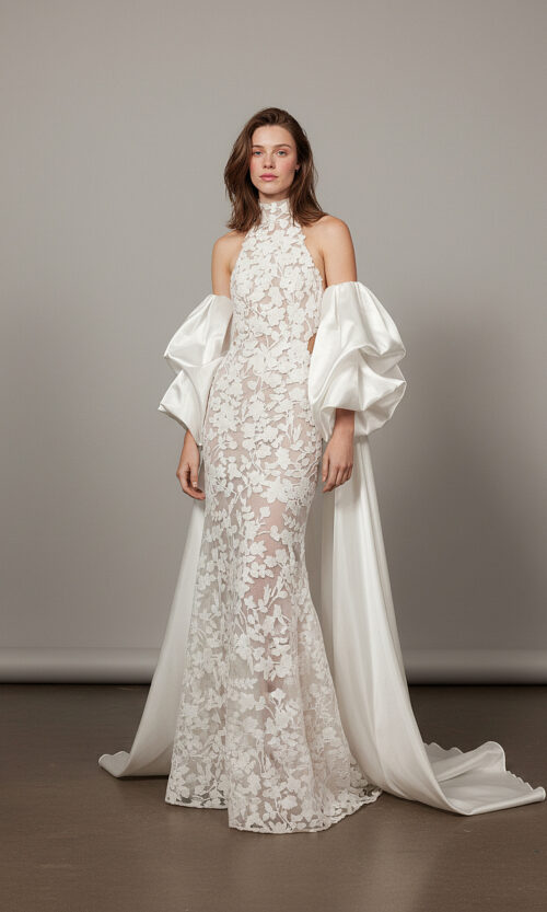 High Neck Lace Gown with Dramatic Detachable Sleeves