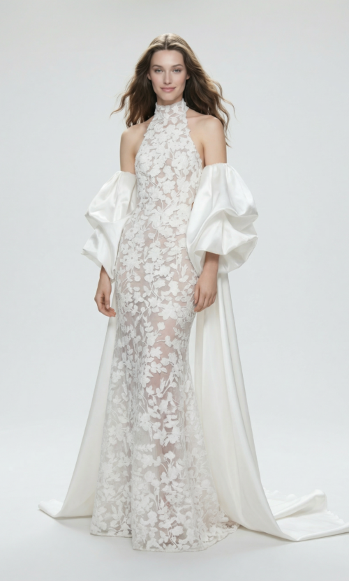 High Neck Lace Gown with Dramatic Detachable Sleeves