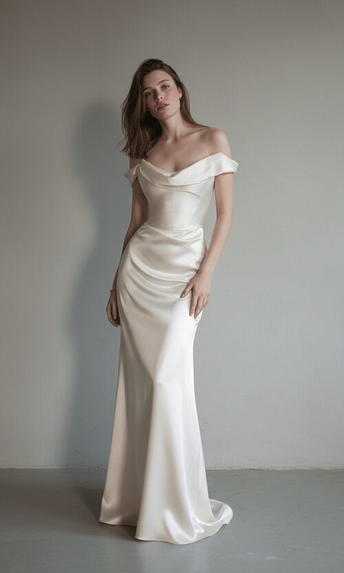 Off Shoulder Draped Satin Gown