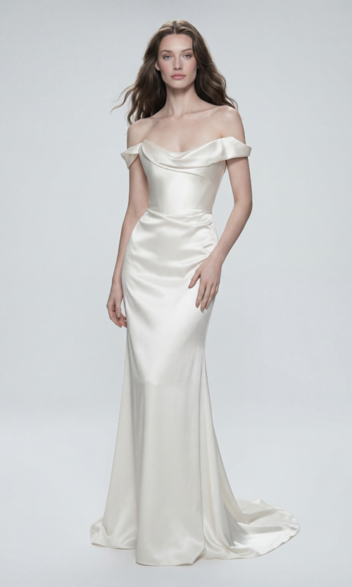 Off Shoulder Draped Satin Gown