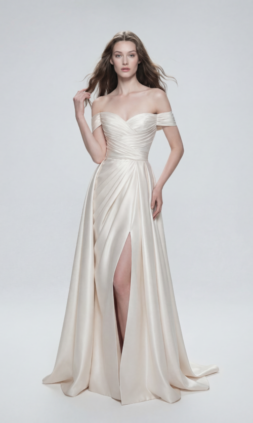 Off Shoulder Draped Satin Wedding Gown with Slit