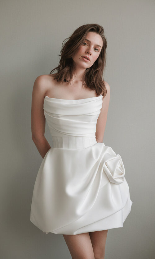 Draped Strapless Mini Bridal Dress with Sculpted Rose Detail
