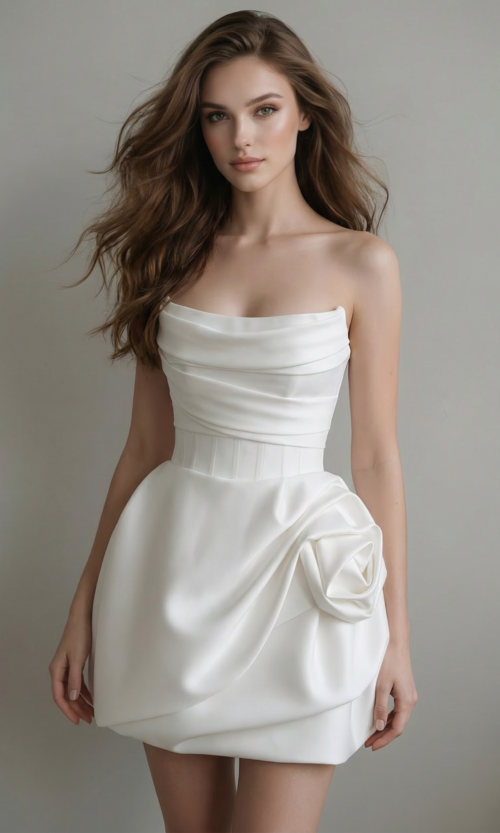 Draped Strapless Mini Bridal Dress with Sculpted Rose Detail