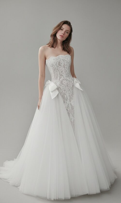 Strapless Lace Corset Ballgown with Tulle Skirt & Bow Details